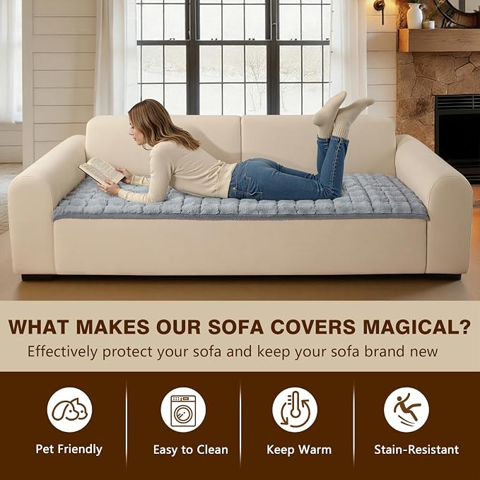 OHSIO Couch Cover for Pets Plush, Non Slip Cozy Sofa Cover Pet Friendly, Soft Thick Fuzzy Sofa Slipcovers for 3 Cushions Washable Couch Sofa Funiture Protector(Light Grey,27.6'' x 59'') - Image 6