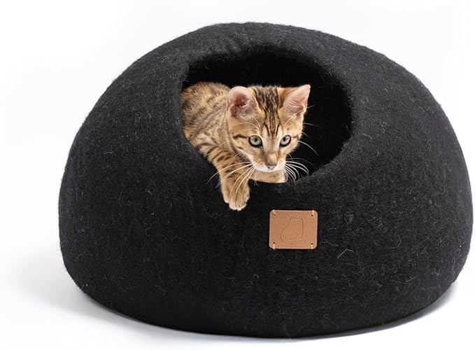 Handcrafted Wool Cat Cave Bed - Perfect Hideaway for Your Feline Friend - Quiet/Warm for Sleeping & Relaxing - Love Your Pet Dog or Cat - 100% Organic Felt - Ethically Sourced (Black) by FuzzyCove