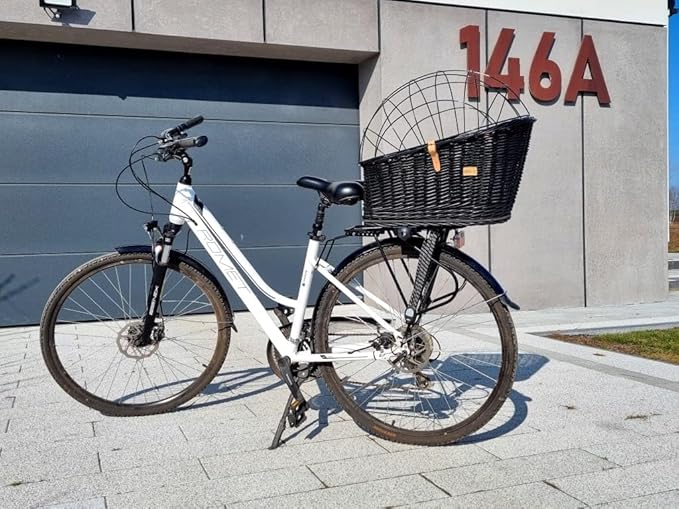 Natural Wicker Dog Bike Basket - 100% Organic Rattan Pet Carrier with Protective Grille - Eco Friendly Design - Soft Cotton Cushion & Mounting Bracket for Secure Bicycle Rear Luggage Rack