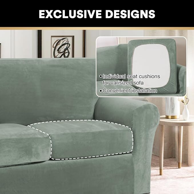 PrinceDeco PriceDeco Velvet XL Couch Cover for Oversized Sofa 4 Piece Sofa Covers for 3 Cushion Couch Washable Furniture Protector with Non Slip Elastic Bottom Width Up to 97 Inch(X-Large, Seagrass) - Image 5