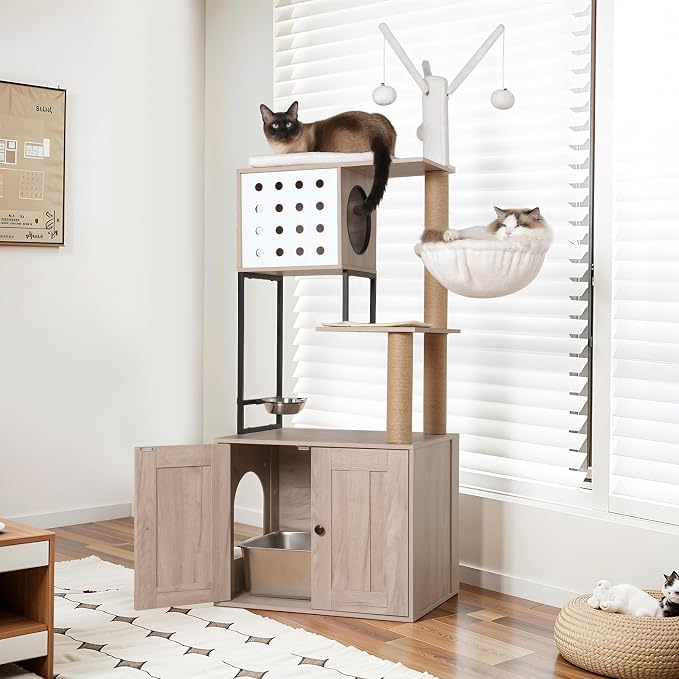 Cat Tree with Litter Box Enclosure - Modern Cat Condo with Scratching Posts, Feeding Bowl & Removable Pompom Sticks, Gray by FocusOnHome