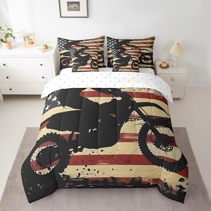 Feelyou Dirt Bike Comforter Set with Sheets Twin Size Racing Motocross Rider 7 Piece Bedding Set for Kids Boys Girls Teens Toddler Extreme Sports Bed in a Bag Vintage Retro Bed Set by Feelyou