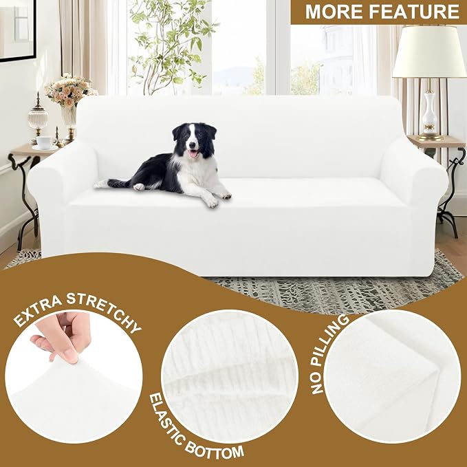 U-NICE HOME Velvet Sofa Covers Stretch Couch Covers for 3 Cushion Couch Furniture Protector Sofa Slipcover (XL Large, Off White) - Image 4