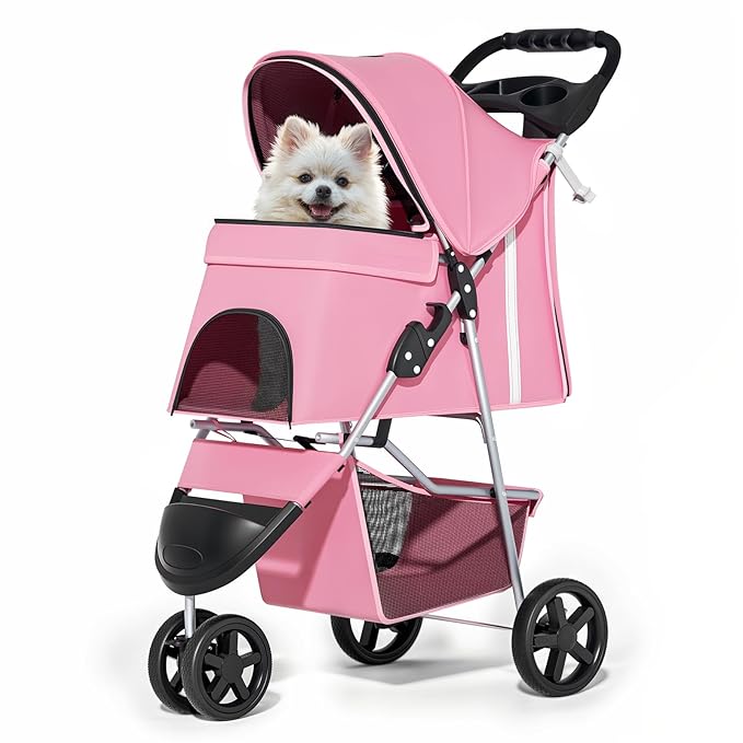 MoNiBloom 3-Wheels Foldable Pet Stroller with Waterproof Cover, Pet Strolling Cart for Small/Medium Dogs and Cats with Storage Basket and Cup Holder, Breathable and Visible Mesh for All-Season, Pink