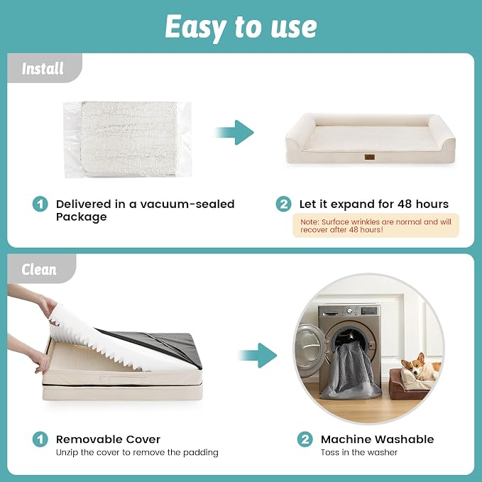 COZY KISS Dog Beds for Extra Large Dog, XXL Bolster Pet Couch with Waterproof Lining, Egg Crate Foam Sofa for Pets Up to 150 lbs, U-Shaped, 48x35x8 inch, Beige - Image 7