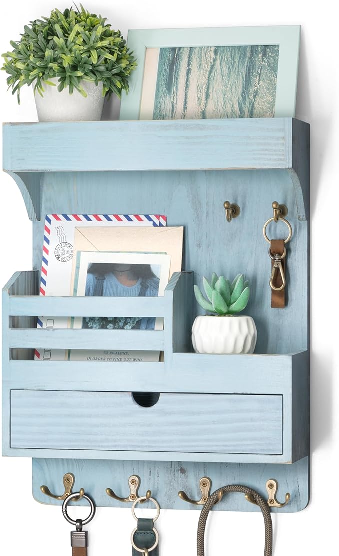 Rebee Vision Key Holder Wall Mount with Drawer & Shelf for Entryway, Blue | Pine Wood, Key Holder for Wall, 6 Sturdy Hooks, Floating Shelf, Drawer Organizer, Mail Sorter, Home Decor, Decorative Storage by REBEEVISION