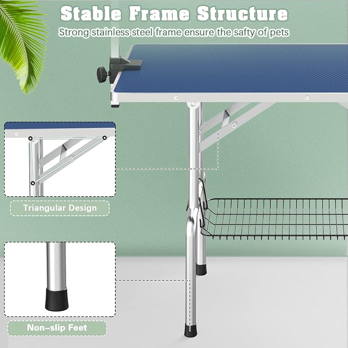 Lyromix 46'' Stainless Steel Pet Dog Grooming Table, Arm/Noose/Tray, Blue | Foldable Dog Grooming Table for Dogs at Home, Adjustable Height Arm, Non-Slip Waterproof Tabletop, Capacity 330Lb - Image 5