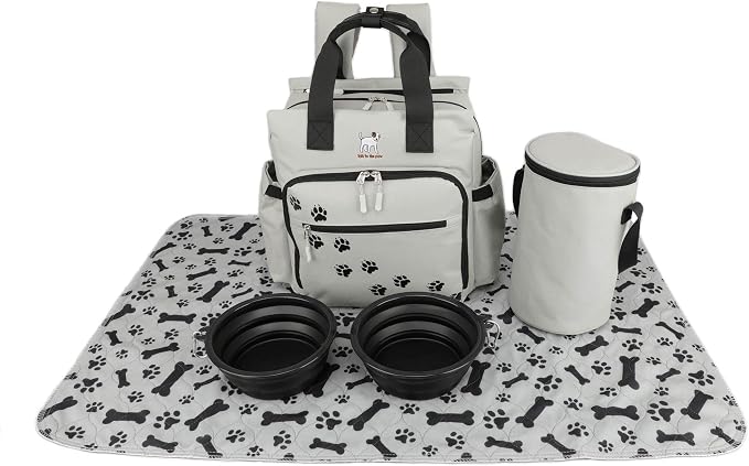 Dog Travel Bag - Dog Backpack Organizer - Pet Travel Kit Airline Compliant - Includes Large Pad, Food Canister and Bowls (Gray, Paw Prints) by TalktothePaw
