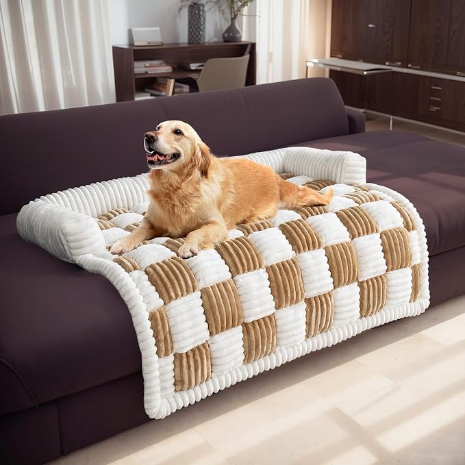 TOPCHANCES Dog Couch Cover,Thickened Quilted Plaid Funny Fuzzy Pet Couch Covers for Sofa,Washable Non Slip Pet Mat Sofa Dog Cover Protector for Large Dogs(Light Brown,36x36inch) - Image 8