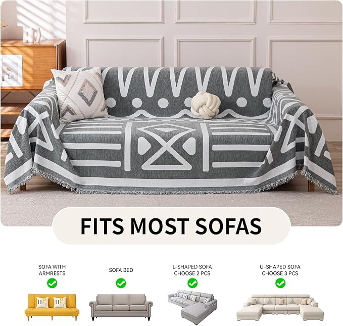 Deep Dream Boho Couch Cover, Non Slip Soft Chenille Sofa Covers for 3 Cushion Couch, Thick Sofa Slipcover Couch Covers Washable Blanket Cover for Living Room (Grey, 71"x134") - Image 6