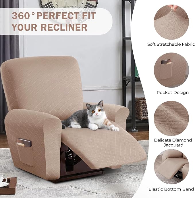 vctops Diamond Recliner Cover 4-Pieces Recliner Stretch Sofa Slipcover 1 Seater Couch Protector Soft Solid Furniture Protector Covers with Elastic Strap (Camel,1 Seat) - Image 4