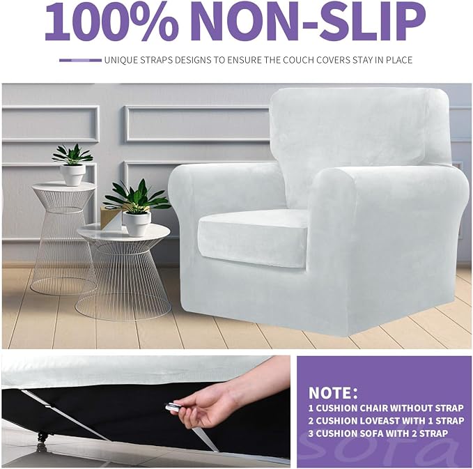ZNSAYOTX Oversized Velvet 3 Piece Couch Cover with 2 Extra Large Seat Cushion Covers Stretch Sofa Cover for 2 Cushion Couch Thick Soft Loveseat Sofa Slipcover (Silver Grey),72"-92"(2 Cushions) - Image 5