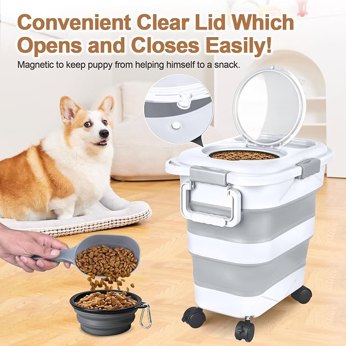 Dog Food Storage Container, 10-20 lbs Airtight Collapsible Cat Food Storage Container with Attachable Wheels, Portable Handle, Dog Food Scoop for Dog Cat Bird Pet Dry Food Storage Bin Light Grey - Image 4