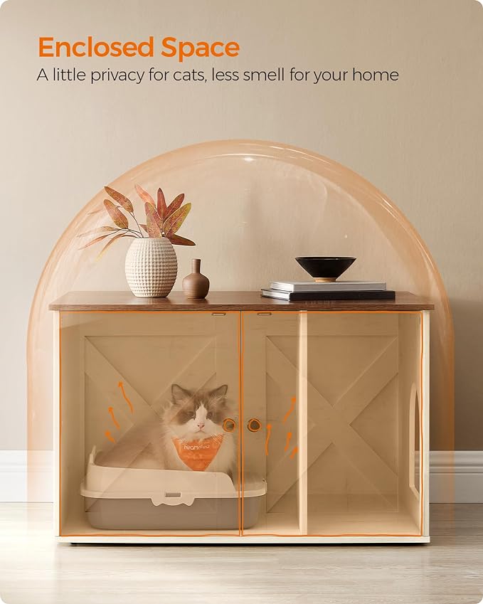 Feandrea Cat Litter Box Enclosure, Litter Box Furniture Hidden with Removable Divider, Indoor Cat House, End Table, 31.5 x 20.9 x 19.7 Inches, Honey Brown and Rustic White UPCL002P01 - Image 4