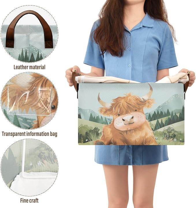 Cute Highland Cow Green Grass Baby Storage Basket with Labels&Handles Rectangular Waterproof Nursery Storage Bins Collapsible Shelf Organizer Baskets for Kids Books Cloth Gift Basket Toys Laundry - Image 4