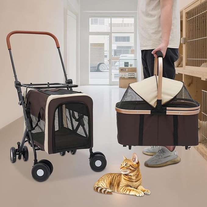 Double Dog Stroller with 4 Wheels, Foldable 3-in-1 Cat Pet Stroller with 2 Detachable Carriers,Reversible Handle, Steel Frame, Safety Belt for Small Medium Dogs Cats(Coffee Color)