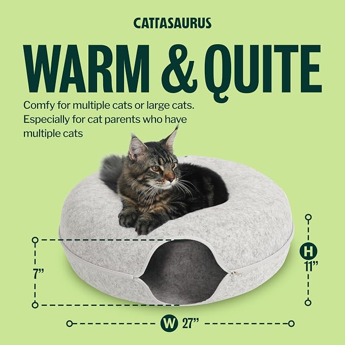 Cattasaurus Peekaboo Cat Cave Donut for Multiple & Large Cats up to 30-45 lbs, 3-in-1 Self Warming Cat Bed, Tunnel & Scratcher for Indoor Cats, Washable & Detachable Small Dog Bed (Light Gray, Jumbo) - Image 3