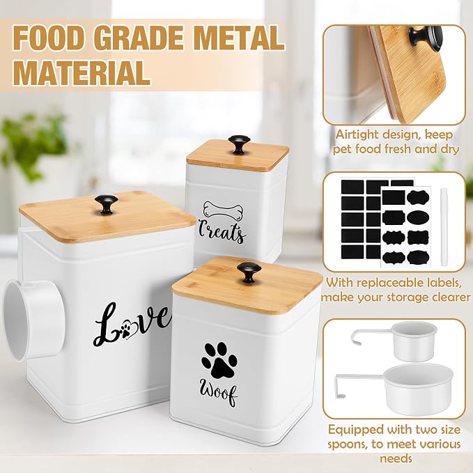 Jingmore Metal Dog Treat Containers Set of 3 with Bamboo Lids and Spoon Airtight 7+3+2 lbs Dog Food Snack Jars with DIY Labels Big Pet Cookie Storage Jar for Kitchen Counter(White,Modern) - Image 3
