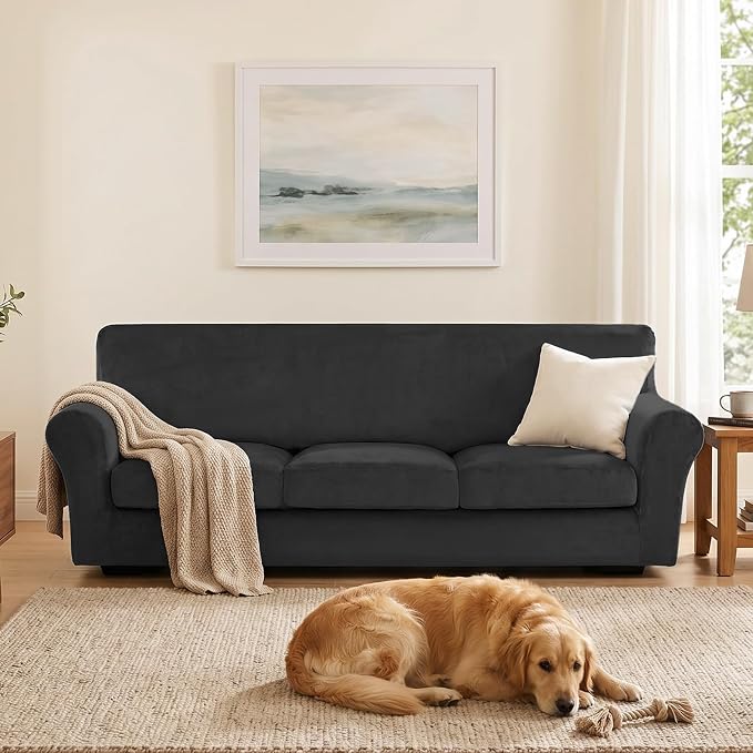 XINEAGE 4-Piece Velvet Oversize Sofa Cover, Couch Covers for Dog,Black | 3 Cushion Large Sofa,Stretch Non-slip Elastic, Pet-friendly, Washable, Fast Setup, Soft Plush Fabric, Furniture Protector. - Image 4