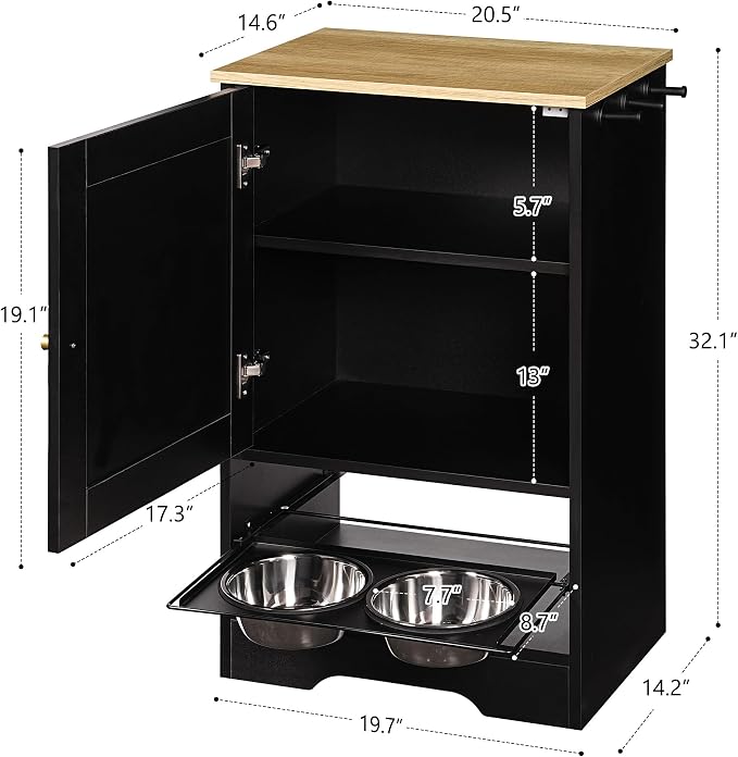 Feeding Station with 1 Storage Cabinets, Pet Feeding Station with 2 Elevated Dog Bowls, Side Hooks, Anti-tip Kit, Hidden Pet Feeder Station for Feeding & Watering, Black - Image 2