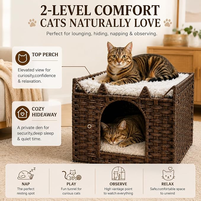 Cat Bed with Ears - Handwoven Rattan Cat Cave House for Indoor Kittens, Foldable Hideaway with 2 Removable Cushions, 16.5x16.5x13.2 Inch Natural Pet Cube for Living Room/Bedroom Brown - Image 3