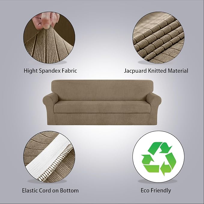 Oversized Sofa Cover Stretching Skid Resistance Couch Cover for Pets Washable, Thick and Durable Soft High Spandex Striped Pattern Sofa Covers (Oversized Sofa, Khaki) - Image 2