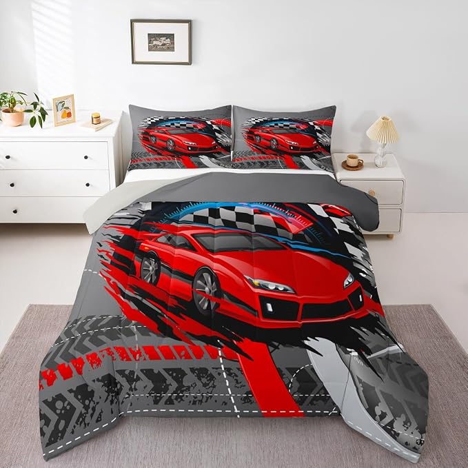Homewish Sports Car Comforter Set Queen,Red Race Car Extreme Sport Bedding Set 3pcs for Kids Teens Boys,Competitive Gaming Duvet Insert Set Black White Grid Quilted Duvet Set with 2 Pillowcases,Grey - Image 7