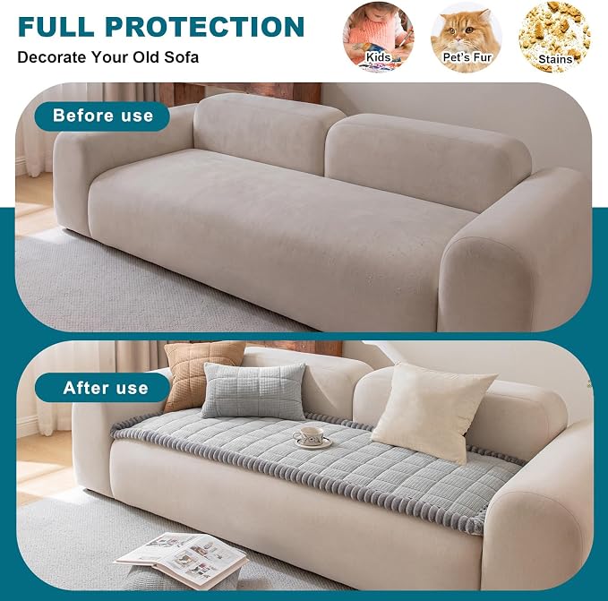 KRFOONN Couch Cover for Dogs Washable Pet Couch Covers for 2 Cushion Sofas Non-Slip Dog Sofa Protectors Cushion Covers Soft Sofa Slipcovers Protector for Pets (Style B-Light Grey, 27.6" x 59") - Image 4