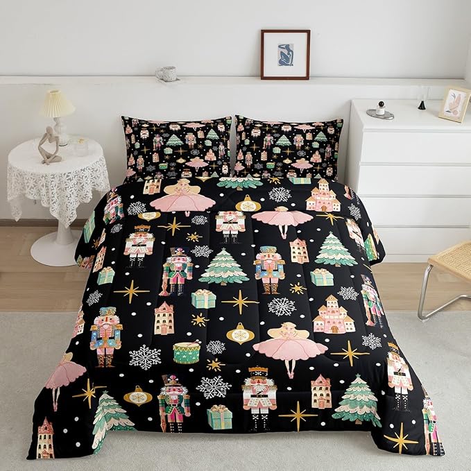 Erosebridal 7Pcs Black Christmas Comforter Set King Size,Nutcracker Bedding Set,Xmas Snowflake Stars Bed in A Bag,Romantic Princess Castle Quilt with Flat Fitted Sheet - Image 2