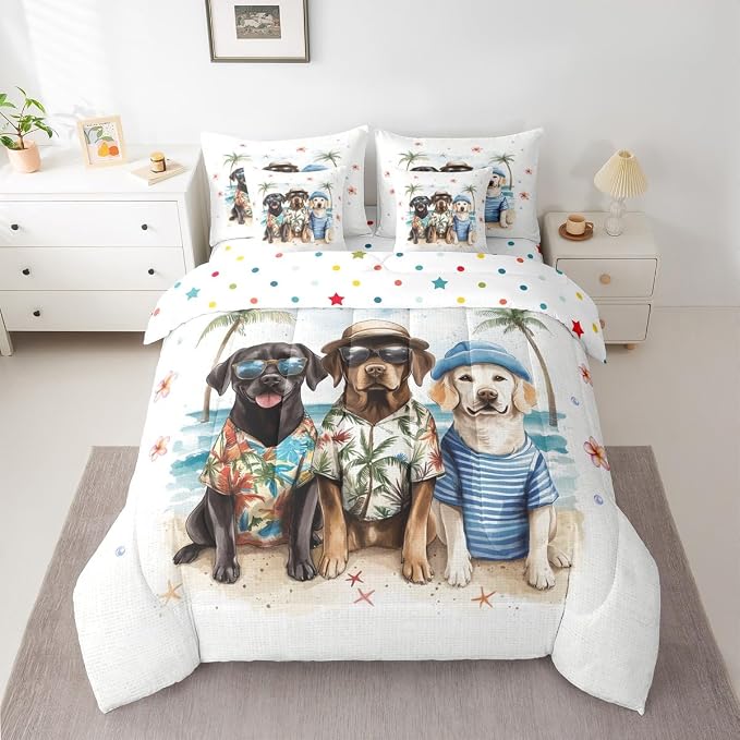 Erosebridal Summer Beach Twin 7-Piece Bedding Set, Kawaii Dogs Bed in A Bag, Sea Beach Comforter Set with Sheets for Kids Boys Teens Girls Women Men Bedroom, Floral Starfish Coconut Tree Bed Sets by Erosebridal