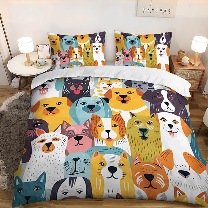 AILONEN Cartoon Puppy Duvet Cover Queen Size, Kawaii Dog Animal Bedding Set for Kids Girls Boys,Various Cute Dog Heads Comforter Cover,1 Quilt Cover 2 Pillowcases,3 PCS by AILONEN