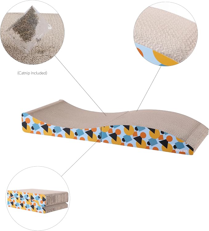 CSR1011A Eero 32" Modern Cardboard Foldable Lounge Cat Scratcher with Catnip, Blue/Orange - Image 3