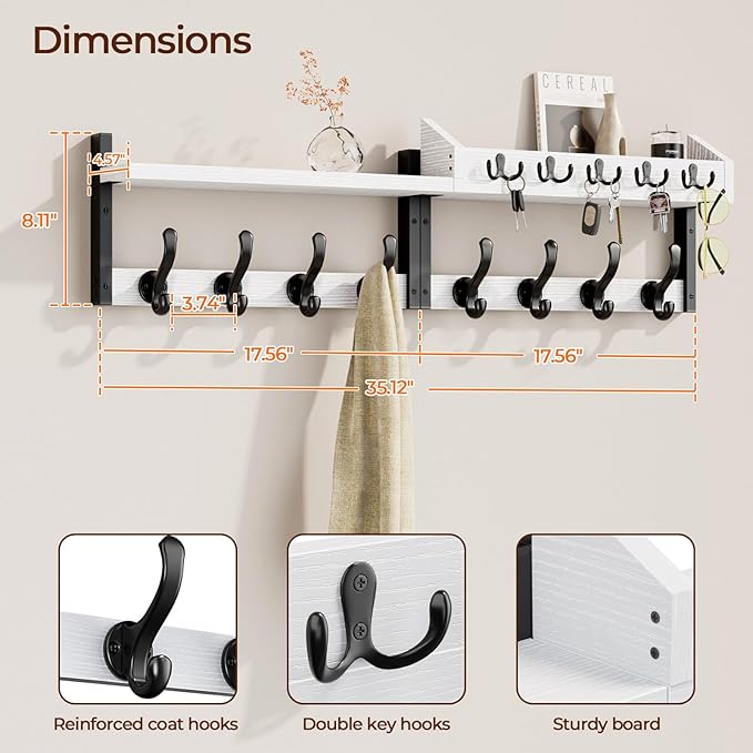 Evermagin 35" Coat Rack Wall Mount with Shelf for Entryway, White | Wall Mounted Coat and Key Rack with Hooks, Key Holder with Mail Organizer for Wall, Living Room, Mudroom, Bedroom - Image 2