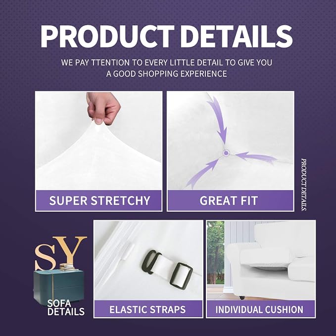 ZNSAYOTX Luxury Couch Cover 4 Piece Stretch Sofa Covers for 3 Cushion Couch Thick Soft Spandex Sofa Slipcover Living Room Anti Slip Dogs Pet Furnitre Protector (White, Sofa) - Image 4