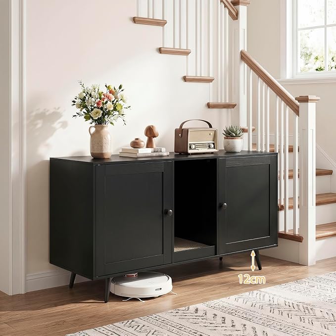 Tangkula Double Cat Litter Box Enclosure, Large Hidden Wooden Cat Cabinet for 2 Cats with Scratching Pad, Double Rooms, Versatile TV Stand Side Table for Indoor Living Room - Image 3