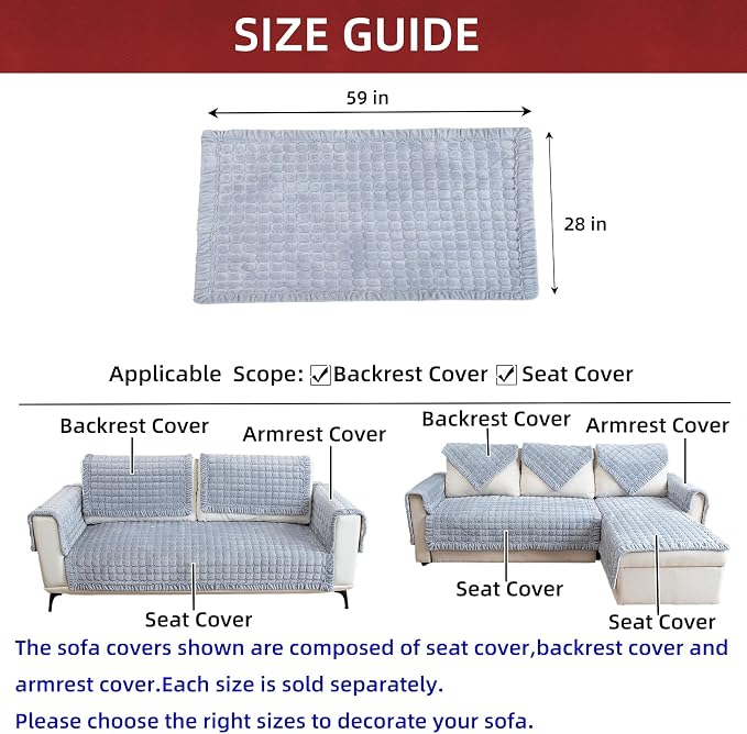 Couch Cover Sectional Couch Covers Non Slip Sofa Covers Washable for 3 Cushion Couch L Shaped Couch Protector Sofa Slipcovers for Kids Dogs Pets,Velvet,Gray,28''x59''(Only 1 Piece) - Image 3