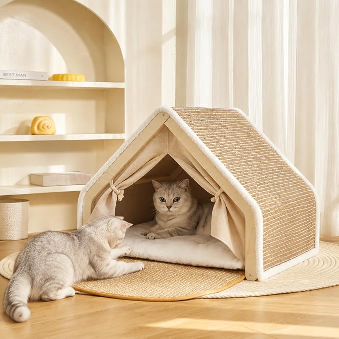 Large Wood Cat House for Indoor Cats - Cute Cat Tent Bed & Hideaway with Scratcher, Sturdy Wooden Cat Apartment & Fort for Sleeping and Playing by MUZIBAMA