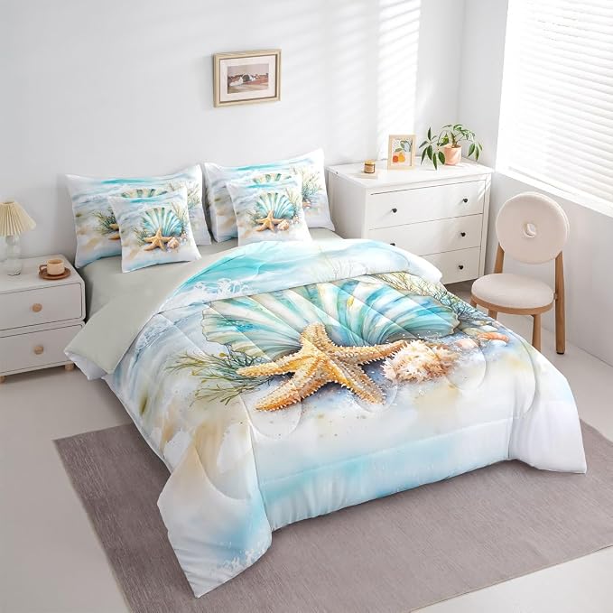 Erosebridal Summer Beach Nautical Bed in A Bag, Blue Ocean Coastal Comforter Set with Sheets Twin, Shell Seaweed Starfish 7 Pcs Bedding Set for Kids Teens Youth Men Women, Seawaves Sea Life Bed Sets - Image 2