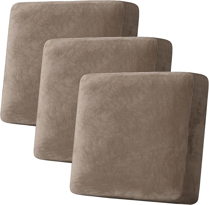 H.VERSAILTEX Velvet Stretch Couch Cushion Cover Plush Cushion Slipcover for Chair Loveseat Sofa Cushion Furniture Protector Seat Cushion Sofa Cover (3 Piece XL Sofa Cushion Covers, Mocha) by HVERSAILTEX