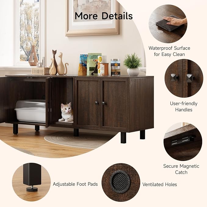 ONBRILL 59 Inches Cat Litter Box Enclosure for 2 Cats, Hidden Litter Boxes Furniture with Cat Scratch Pad, Large Indoor Pet House with Double Room, Wooden TV Stand Side Table, Brown - Image 9