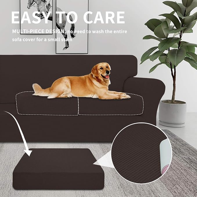 Easy-Going 4 Pieces Stretch Couch Cover Oversized Sofa Cover for Dogs Washable Sofa Slipcover for 3 Separate Cushion Couch Spandex Elastic Furniture Protector for Pets, Kid(Chocolate, Oversized Sofa) - Image 3