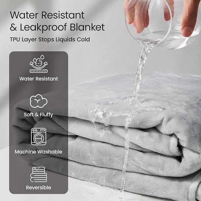 LOOBANI Waterproof Blanket for Bed Full/Queen, Reversible Leakproof 80"x90" | Light Grey, Soft Flannel & Coral Fleece Bed Blanket, Water Resistant for Couch Cover, Movie Nights, Camping, Pet-Friendly - Image 2