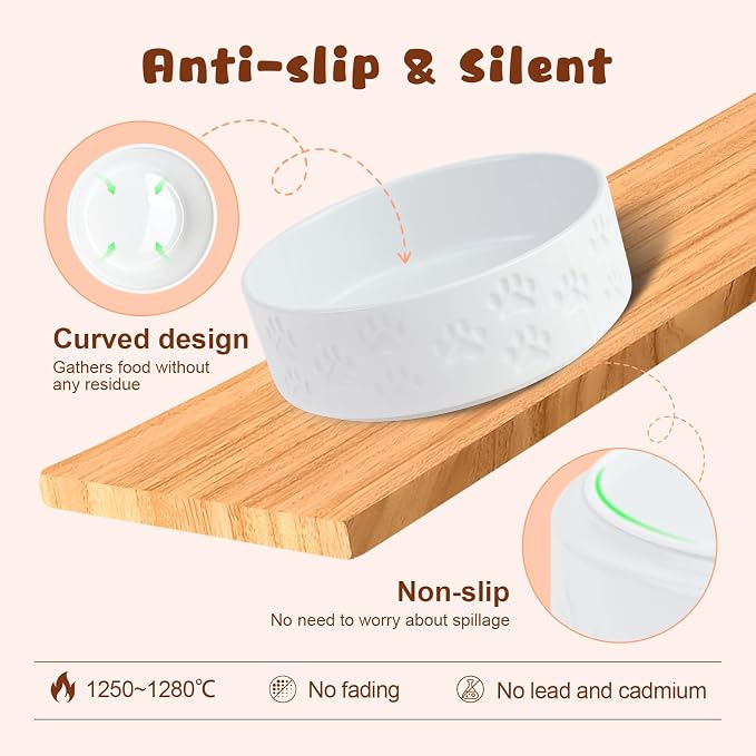 SPUNKYJUNKY Ceramic Elevated Dog Bowl Set with Acacia Wood Stand for Food and Water for Large Dogs (60.87 OZ, White, Dog Paw Pattern) - Image 4