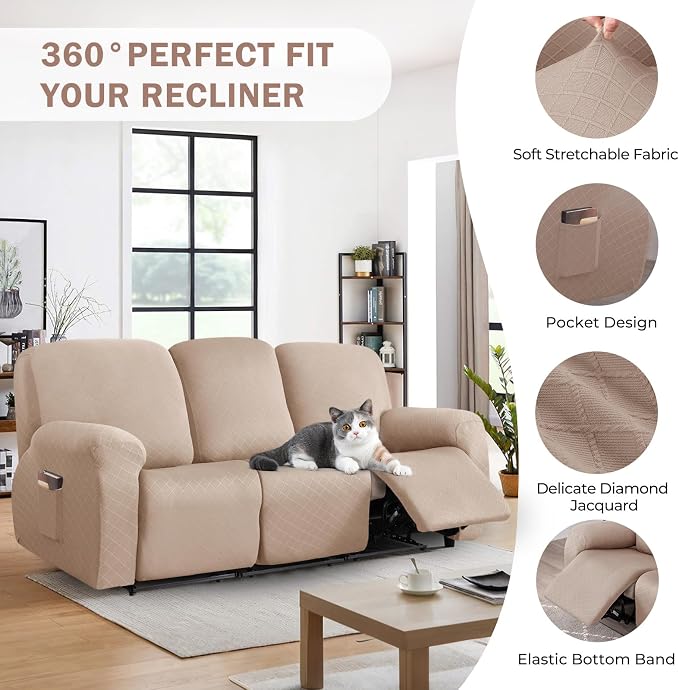 vctops Diamond Recliner Sofa Covers 8-Pieces Stretch Large Couch Covers for 3 Seats Reclining Slipcovers Soft Solid Furniture Protector (Camel,3 Seat) - Image 4