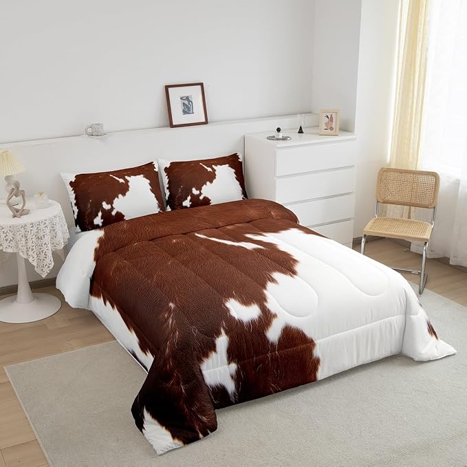 Cow Print Comforter Set Queen Size,Cowhide Print Bedding Set Teens Adults,Farmhouse Animal Hair Down Comforter,Rustic Western Bedding For Kids Boys Girls Teens Adult Bedroom Decor, Brown White - Image 3