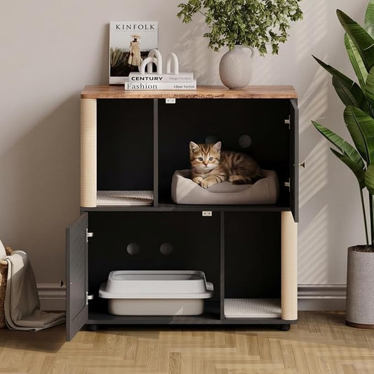 Litter Box Cabinet, Hidden Cat Litter Box Furniture with Dual Compartments, Odor Control & Scratch-Resistant Panels, Compact Enclosure for Multiple Cats, White Black Grey by Doppeltcharms