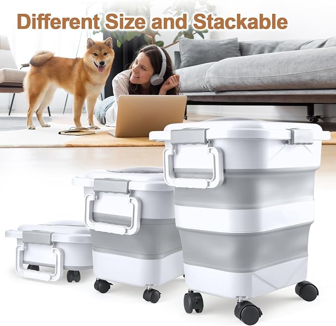 Dog Food Storage Container, 10-20 lbs Airtight Collapsible Cat Food Storage Container with Attachable Wheels, Portable Handle, Dog Food Scoop for Dog Cat Bird Pet Dry Food Storage Bin Light Grey - Image 5