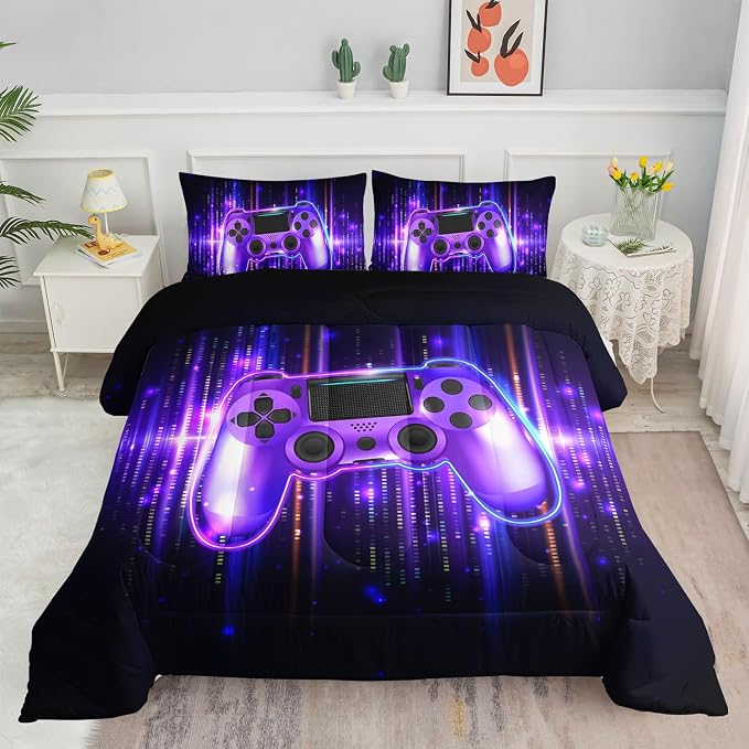 3D Gamepad Comforter Set Cool Purple Game Printed Bedding Set with 1 Comforter and 2 Pillowcases for Boys and Girls Bedroom All Season(Gamepad Twin) by SmellSunshine