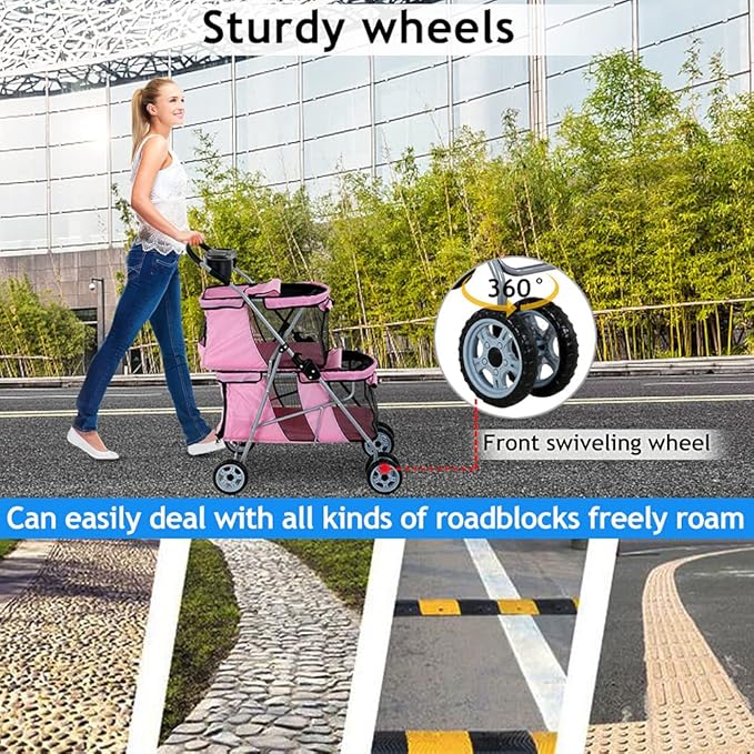 Dkeli 4 Wheel Pet Stroller for Small and Medium Dog Cats, Double Dog Stroller with Cup Holder, Folding Travel Cage for 2 Puppies or Two Kittens, Pink