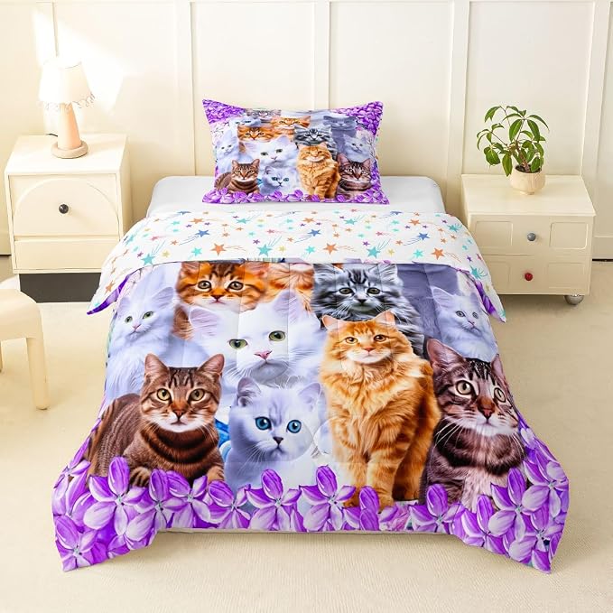 Feelyou Cartoon Cat Girls Comforter Set Pet Cats Kitten Toddler Kawaii Bedding Set for Kids Boys Cute Floral Purple Queen Duvet Quilt Decor Warmth with 2 Pillowcases 3Pcs - Image 9